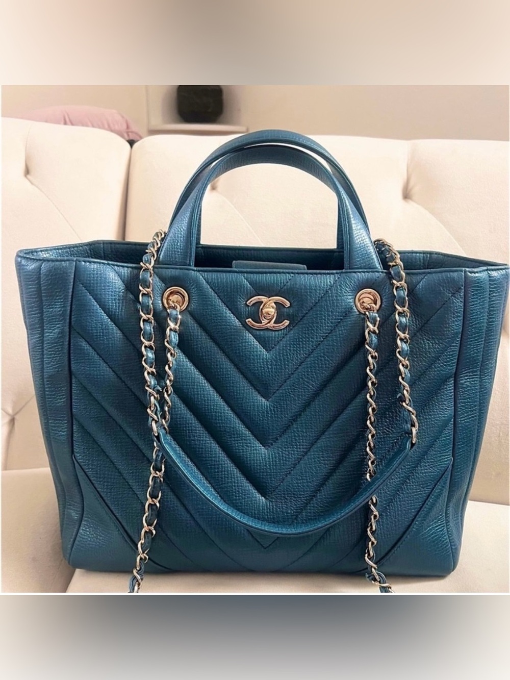 Chanel Teal Quilted Caviar Chevron Leather Tote